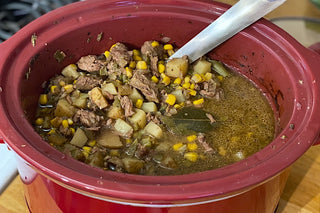 Buffalo Stew in a red crock pot.