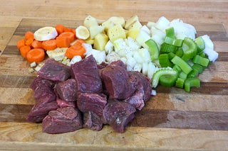 Grass-Fed Beef Stew Meat and vegetables ready to cook.