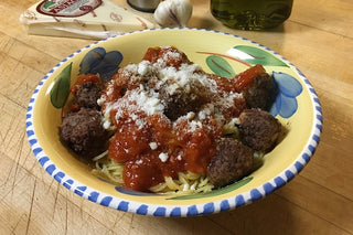 Ground Buffalo (96% lean) meatballs in marinara over spaghetti.