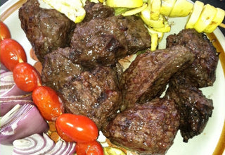 Shish kebab made from Yankee Farmer's Market Buffalo Steak Tips.