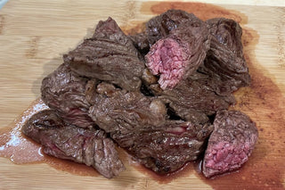 Medium cooked Grass-Fed Beef Steak Tips.
